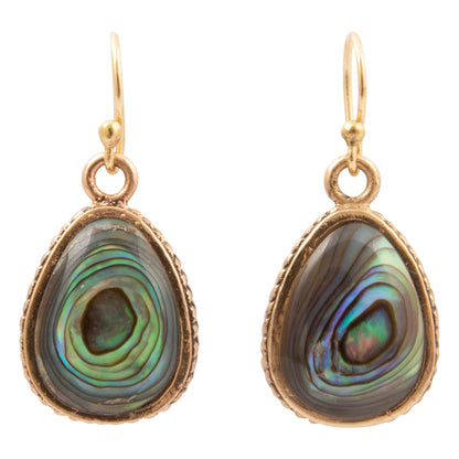 A pair of gold drop earrings featuring teardrop-shaped abalone shell inlays with iridescent green, blue, and gray patterns, set in textured gold bezels with gold French hook wires.