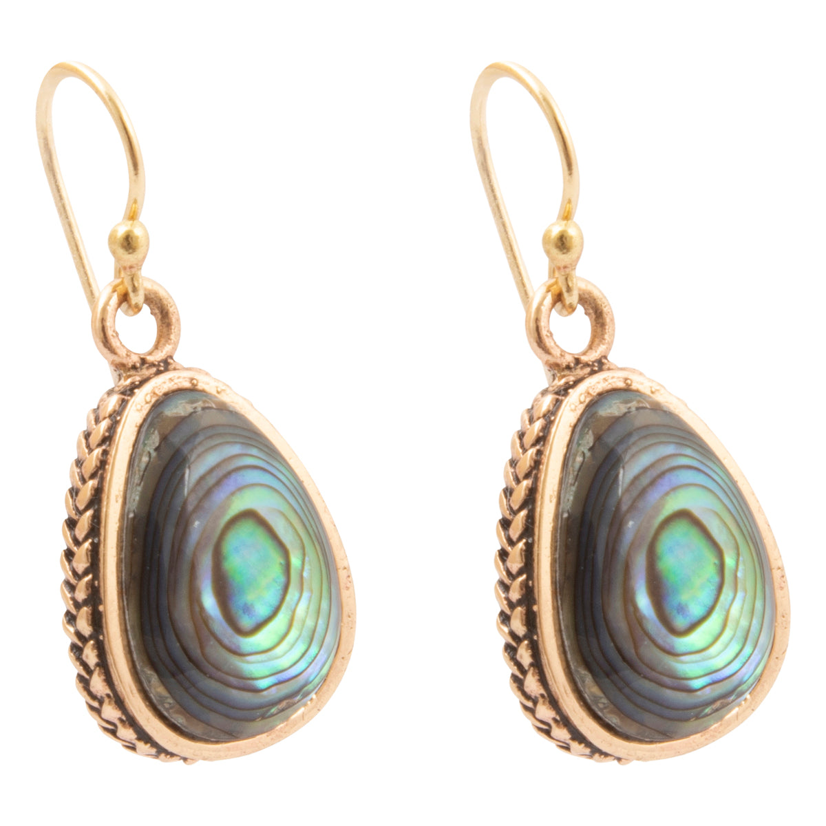 A pair of gold drop earrings featuring teardrop-shaped abalone shell pendants with iridescent green, blue, and gray patterns, set in textured gold bezels with fishhook wires.