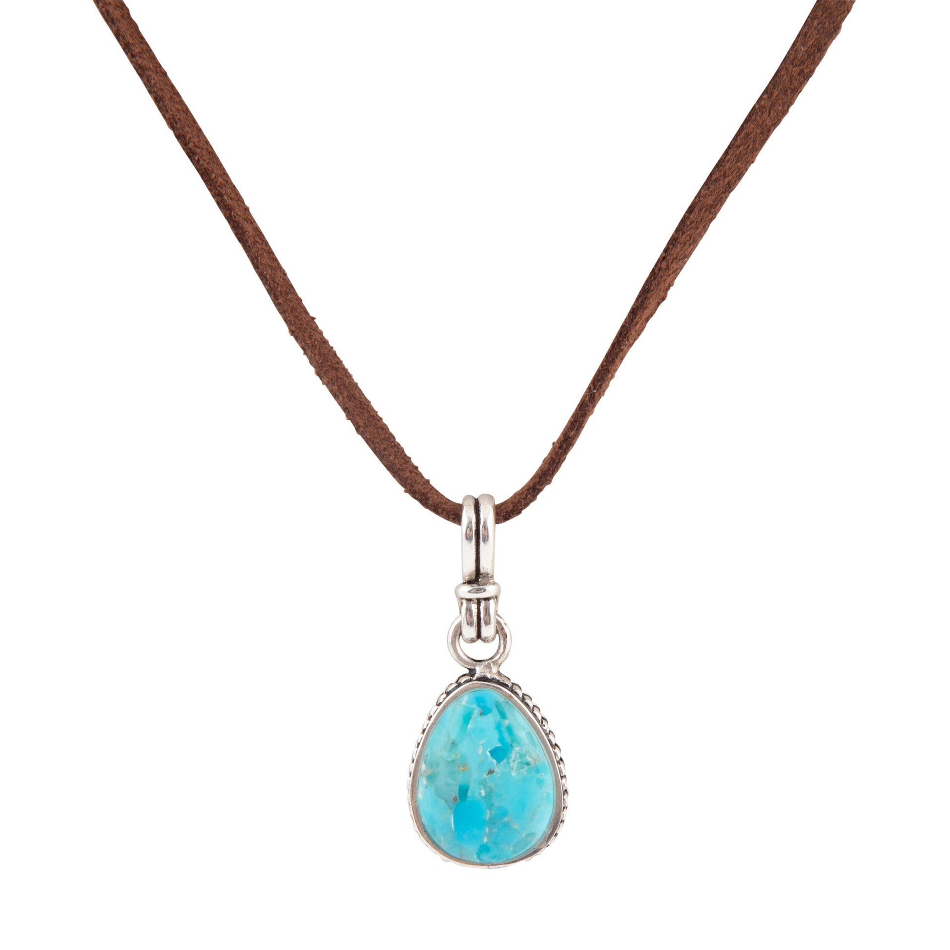 Turquoise teardrop pendant on a brown cord against a white background