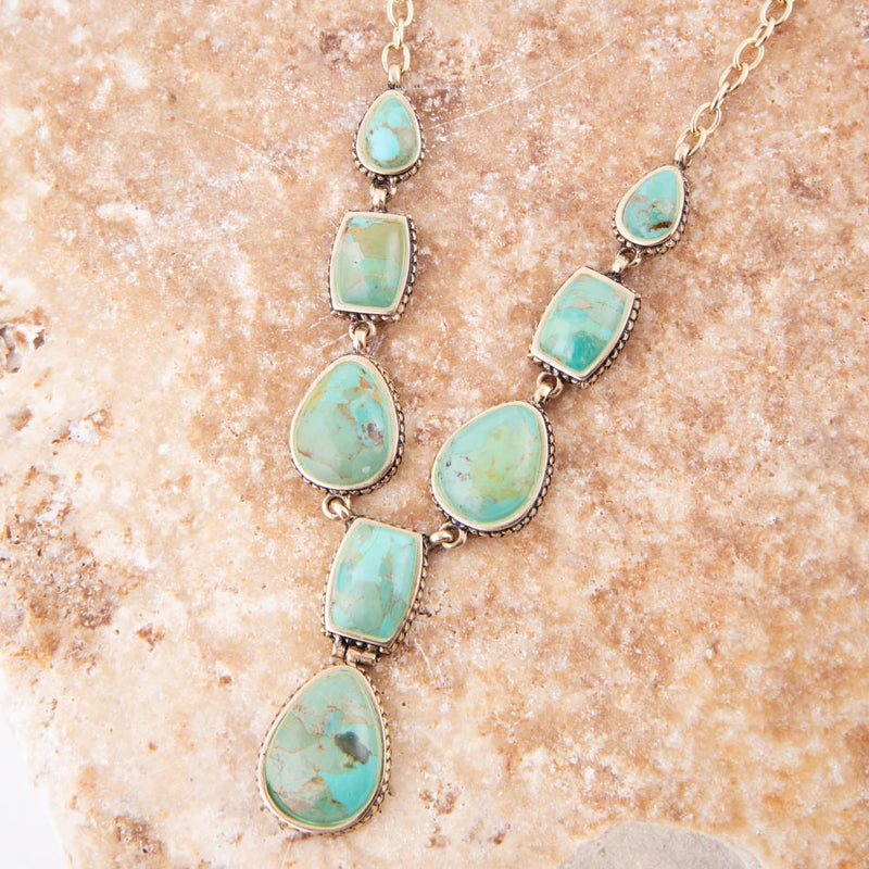 Genuine Blue Turquoise Roped Golden Bronze Y Necklace