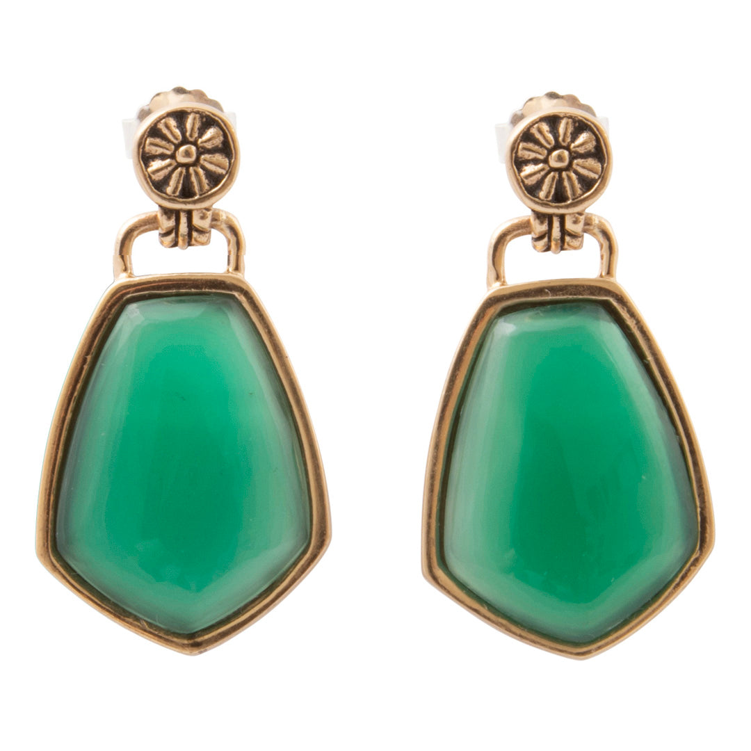 A pair of gold-tone drop earrings featuring large, smooth green teardrop-shaped stones in a shield-like setting, with a small floral detail on the post above.