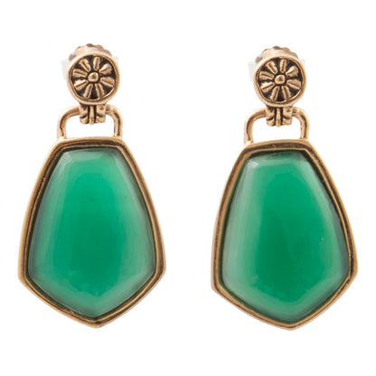 A pair of gold-tone drop earrings featuring large, smooth green teardrop-shaped stones in a shield-like setting, with a small floral detail on the post above.