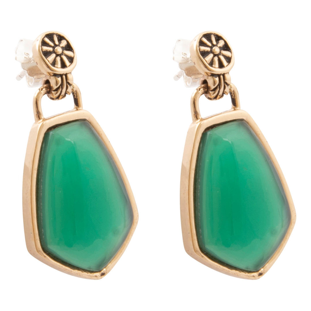 A pair of gold drop earrings featuring a large, smooth green teardrop-shaped stone in a gold bezel setting, with a small gold floral disc and wire-wrapped post at the top.