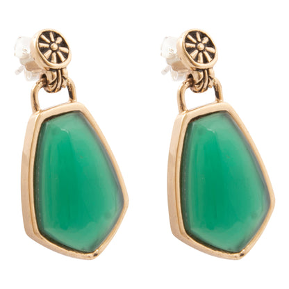 A pair of gold drop earrings featuring a large, smooth green teardrop-shaped stone in a gold bezel setting, with a small gold floral disc and wire-wrapped post at the top.