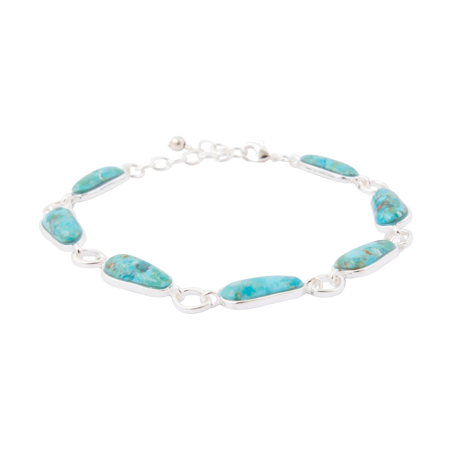 Turquoise bracelet with silver links on a white background