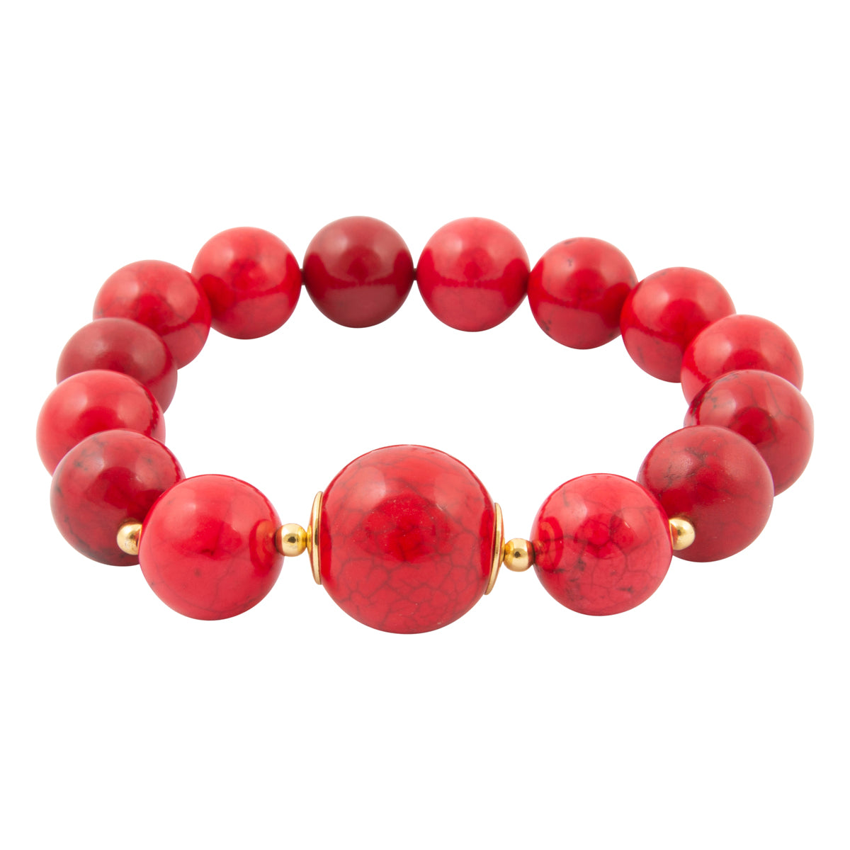 A red beaded stretch bracelet featuring large polished round beads and small gold spacer beads, shown on a plain white background.
