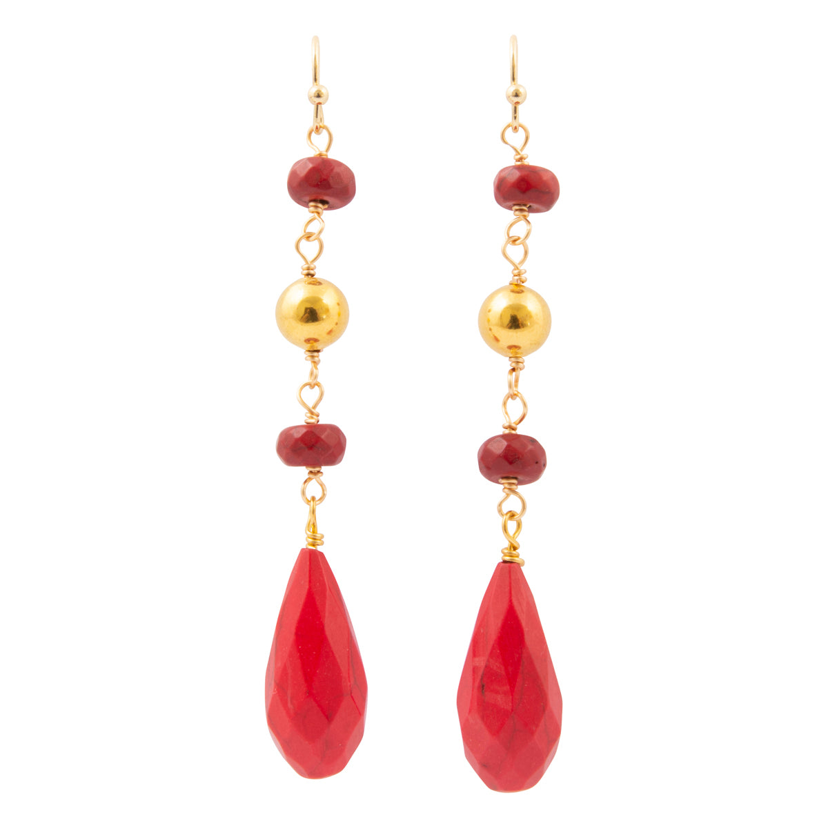 A pair of gold and red drop earrings featuring faceted red beads, polished gold beads, and large teardrop-shaped red pendants, shown against a plain white background.