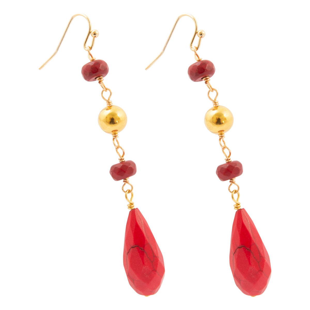 A pair of gold-tone drop earrings featuring faceted red teardrop beads at the bottom, smaller red beads, and polished gold beads on a white background.
