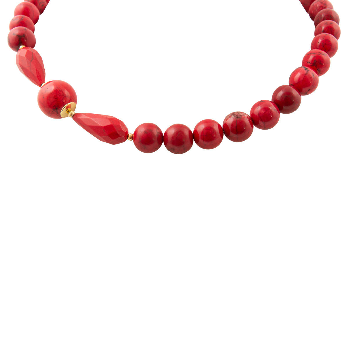 A red beaded necklace featuring a mix of smooth round beads, faceted teardrop beads, and a small gold spacer, shown against a plain white background.