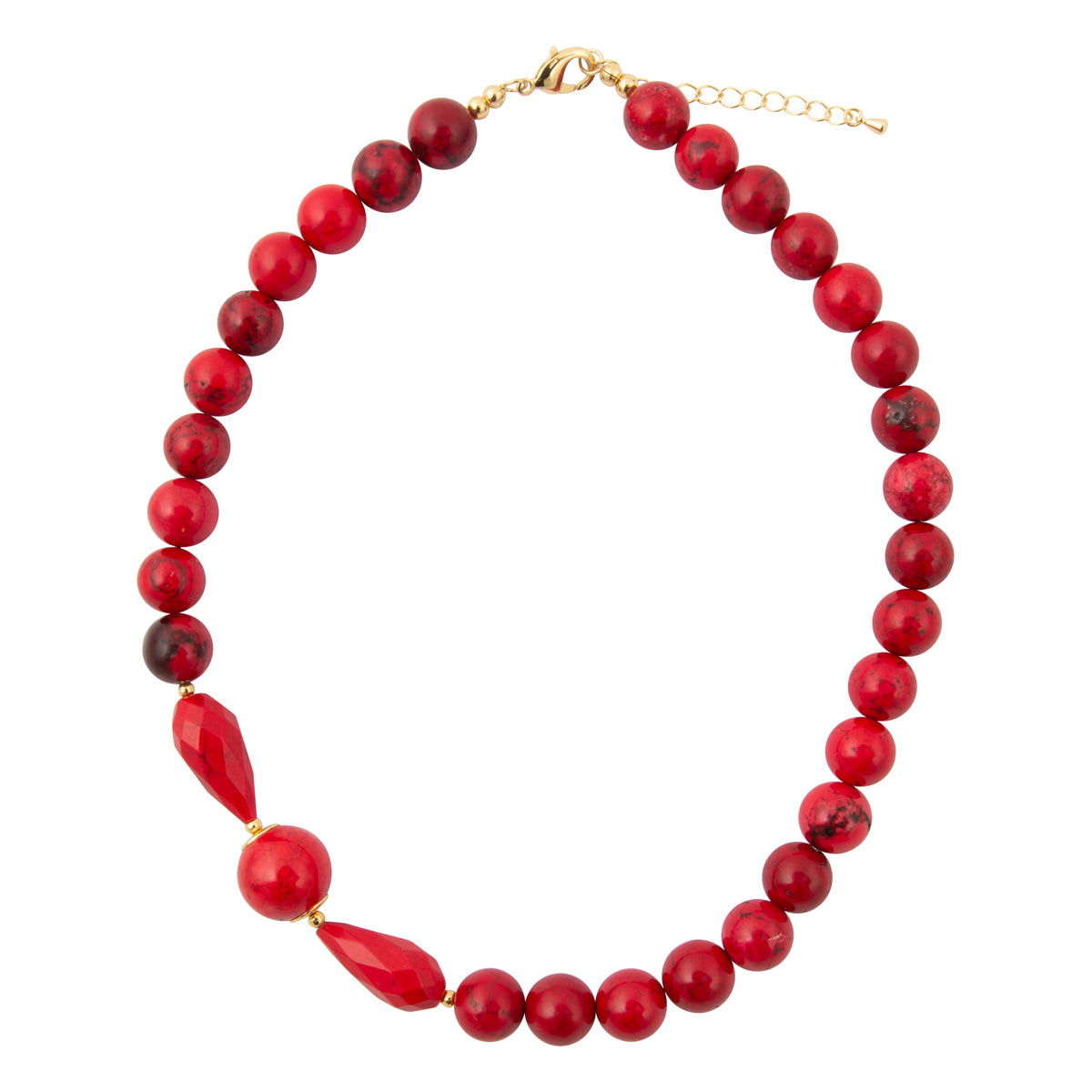 A red beaded necklace with a mix of smooth round beads, faceted teardrop beads, and a dark red polished accent bead, finished with gold-tone hardware.