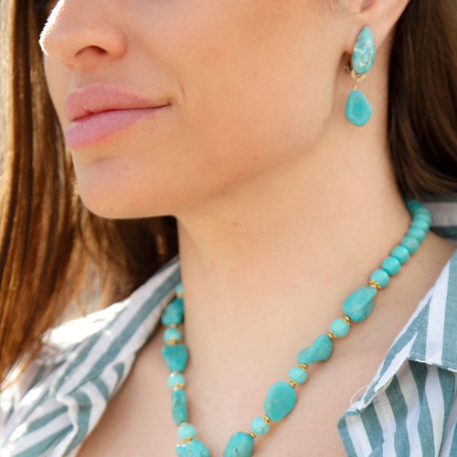 Blue Turquoise Double Golden Drop Clip Earring