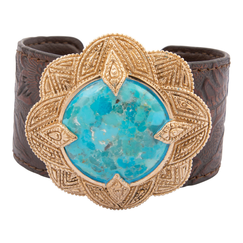 Rosette Brown Leather and Blue Turquoise Golden Statement Bracelet