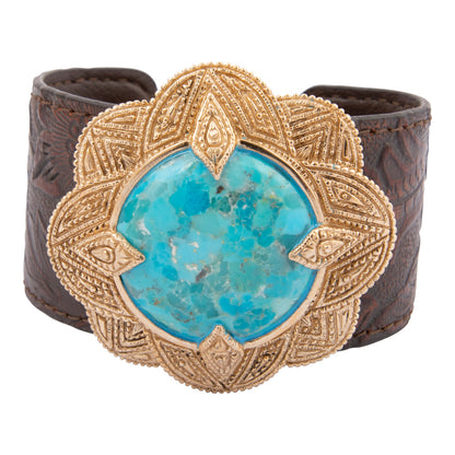 Rosette Brown Leather and Blue Turquoise Golden Statement Bracelet