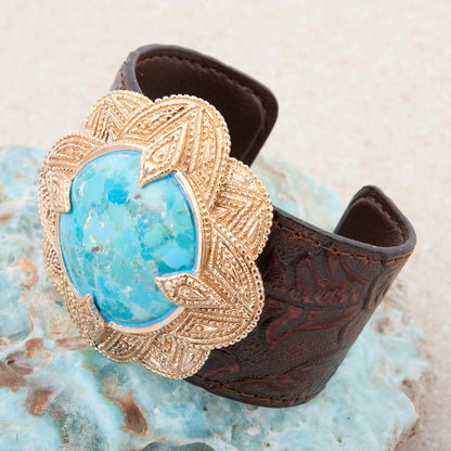 Rosette Brown Leather and Blue Turquoise Golden Statement Bracelet