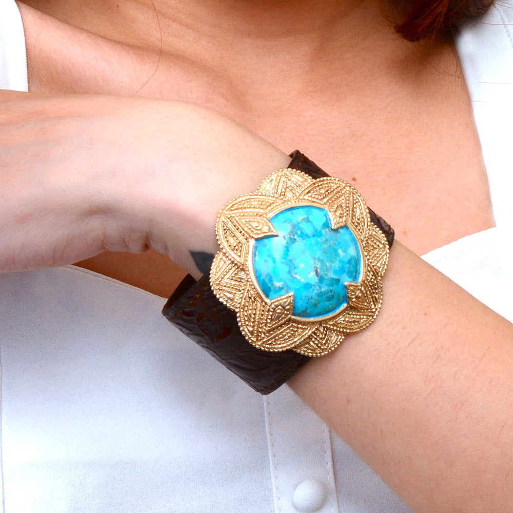 Rosette Brown Leather and Blue Turquoise Golden Statement Bracelet