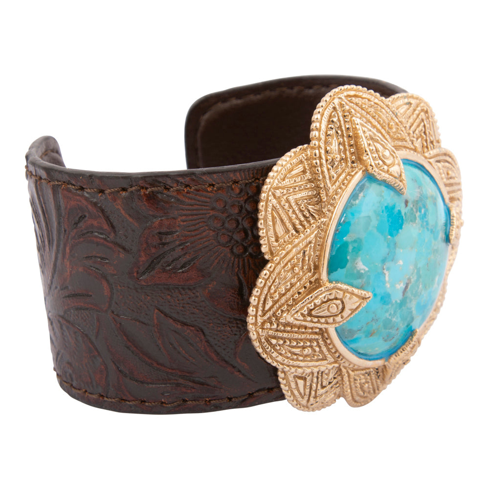 Rosette Brown Leather and Blue Turquoise Golden Statement Bracelet