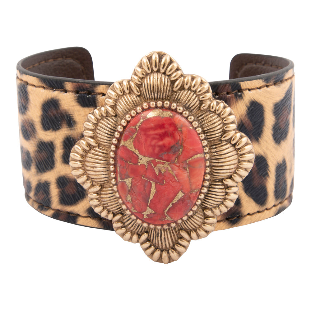 Scarlet Red Magnesite Cheetah Golden Cuff Bracelet