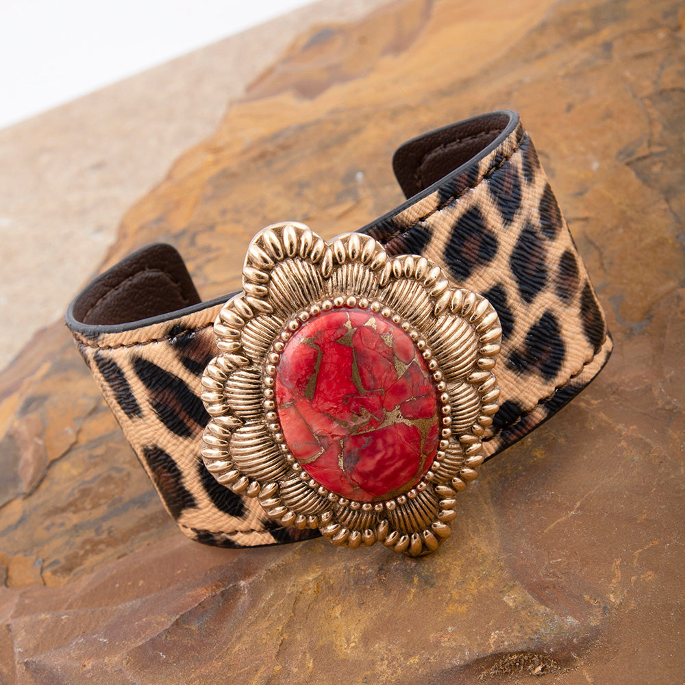 Scarlet Red Magnesite Cheetah Golden Cuff Bracelet