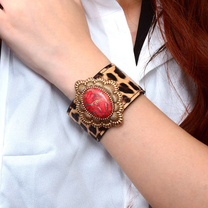 Scarlet Red Magnesite Cheetah Golden Cuff Bracelet