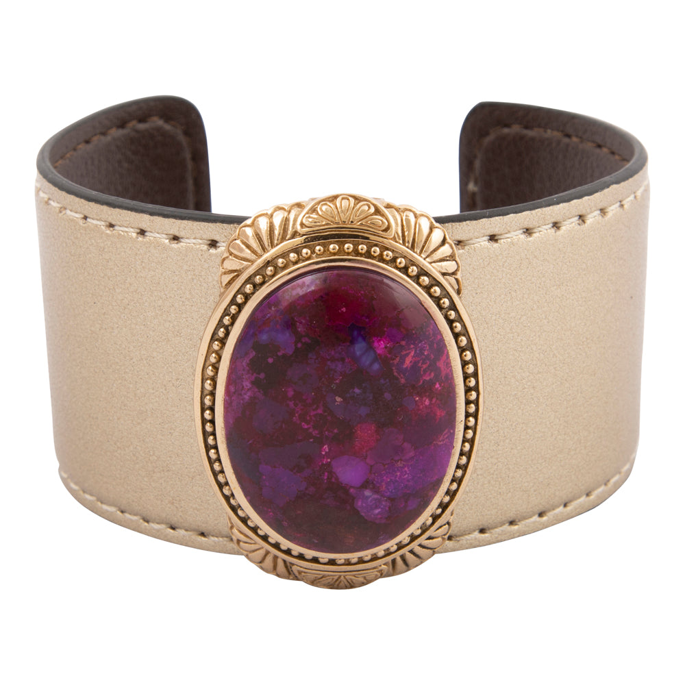 Purple Turquoise Golden Leather Cuff Bracelet