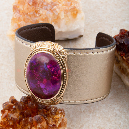 Purple Turquoise Golden Leather Cuff Bracelet