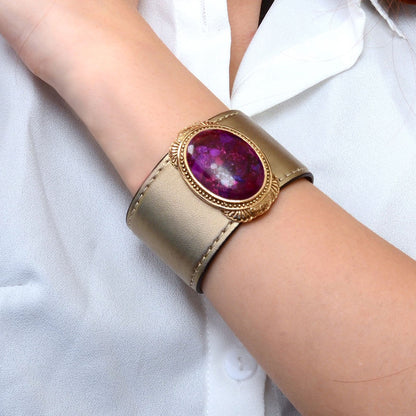 Purple Turquoise Golden Leather Cuff Bracelet