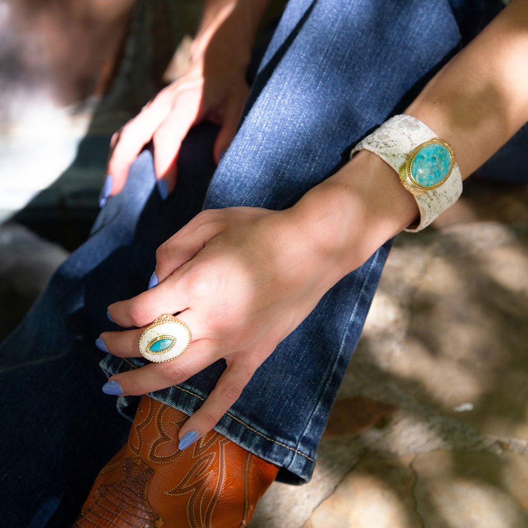 Blue Turquoise and Lace Golden Statement Ring