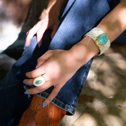 Blue Turquoise and Lace Golden Statement Ring