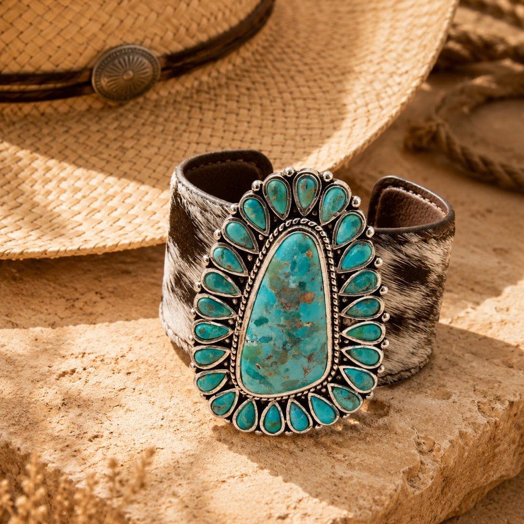 A turquoise and silver cuff bracelet styled on a stone surface with a woven straw hat in the background.