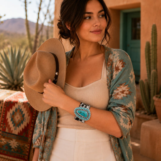 A woman outdoors wearing a turquoise and silver-toned statement watch, holding a tan hat. She is dressed in a cream tank top, white skirt, and a teal and brown patterned cardigan, with desert plants and a building in the background.