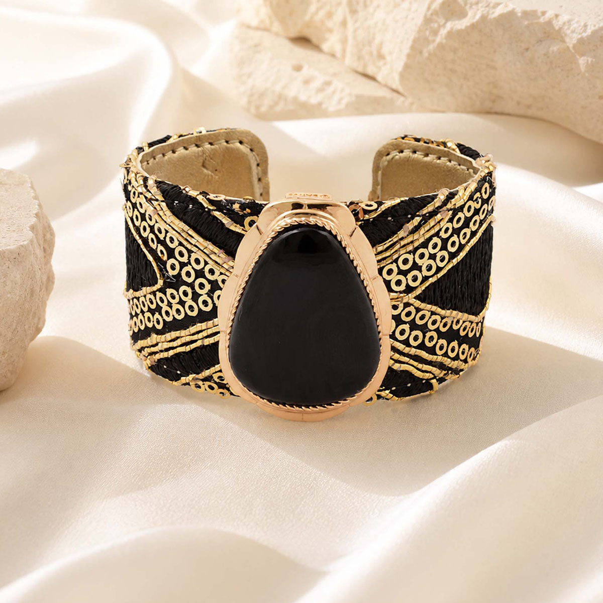 Midnight Luxe Black Onyx Golden Fabric Cuff Bracelet