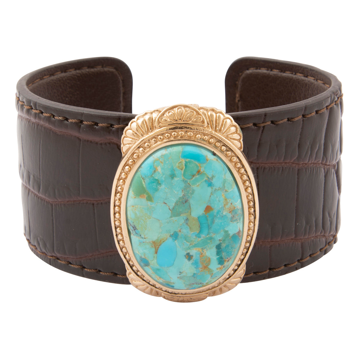 Gilded Blue Turquoise Golden Centerpiece Brown Leather Cuff Bracelet