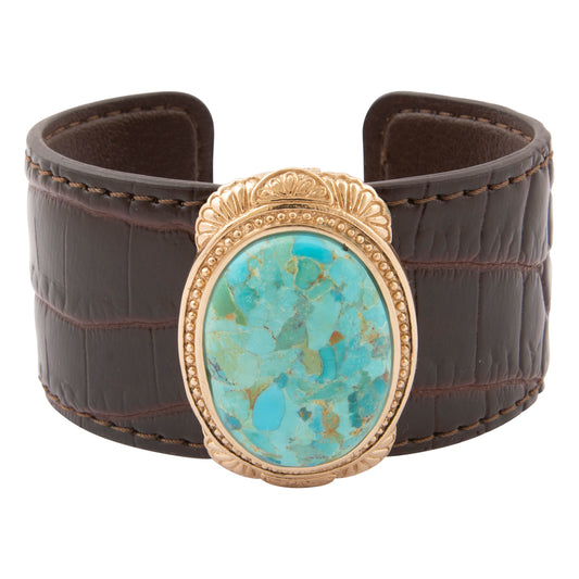 Gilded Blue Turquoise Golden Centerpiece Brown Leather Cuff Bracelet