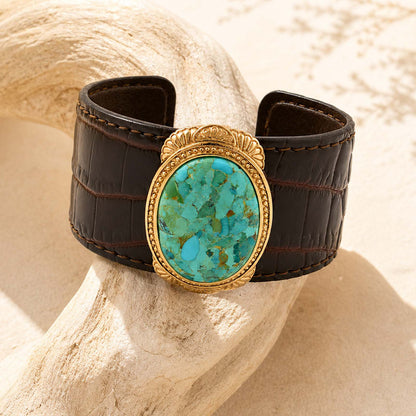 Gilded Blue Turquoise Golden Centerpiece Brown Leather Cuff Bracelet