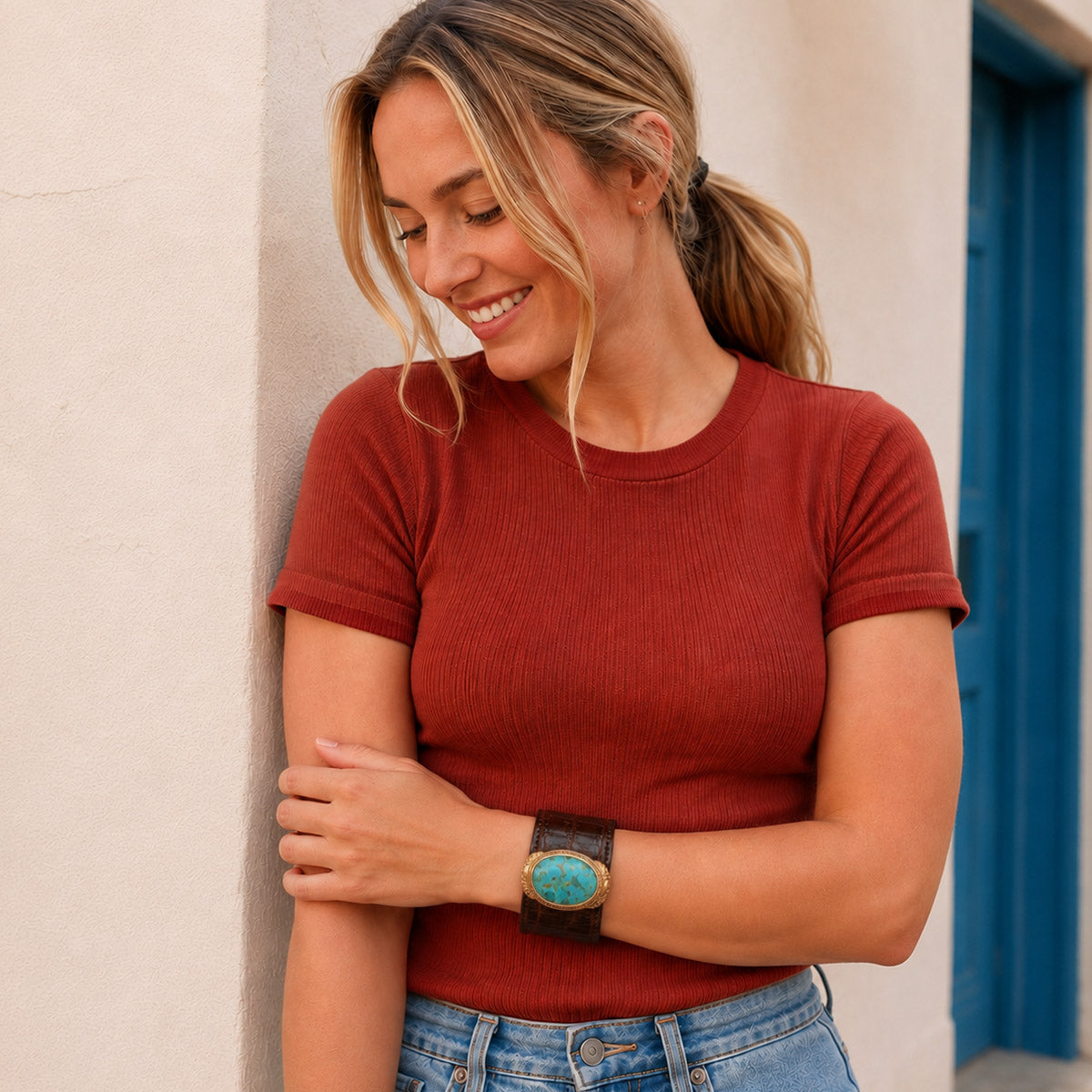 Gilded Blue Turquoise Golden Centerpiece Brown Leather Cuff Bracelet