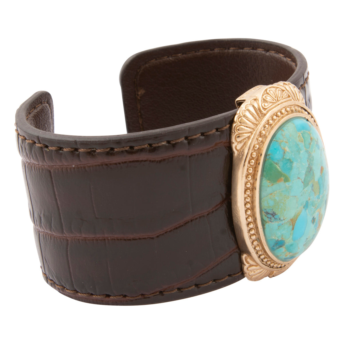 Gilded Blue Turquoise Golden Centerpiece Brown Leather Cuff Bracelet