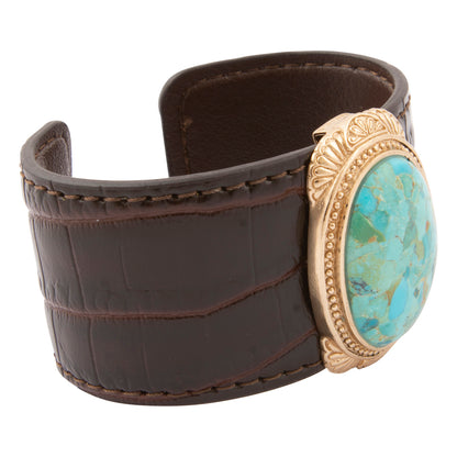 Gilded Blue Turquoise Golden Centerpiece Brown Leather Cuff Bracelet