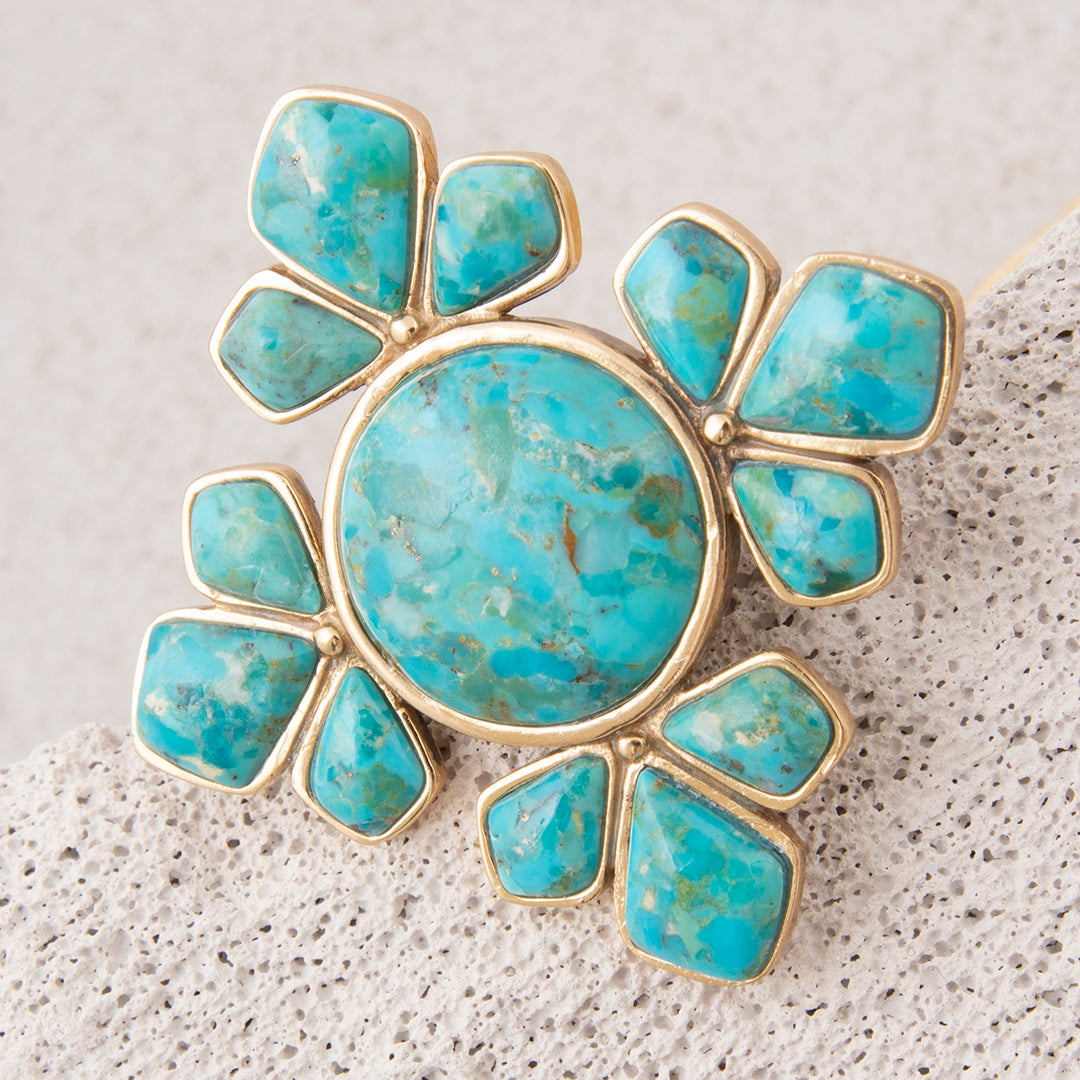 Starburst Blue Turquoise Golden Brooch Pin Pendant