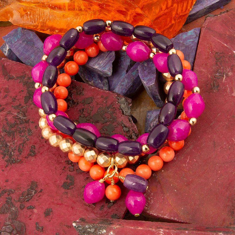 Bordeaux Purple Jade Golden Bracelet Set