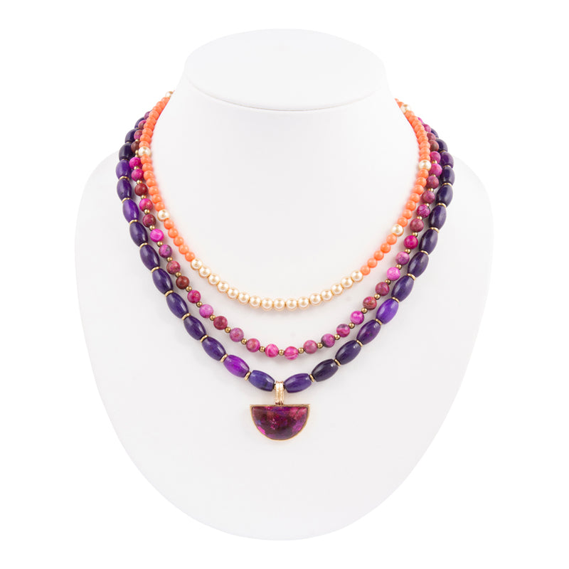 Bordeaux Purple Turquoise and Orange Jade Golden Pendant Necklace