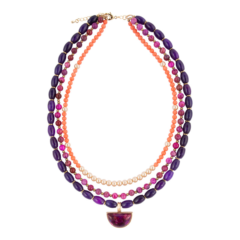Bordeaux Purple Turquoise and Orange Jade Golden Pendant Necklace