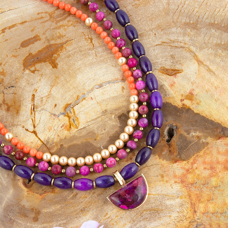 Bordeaux Purple Turquoise and Orange Jade Golden Pendant Necklace