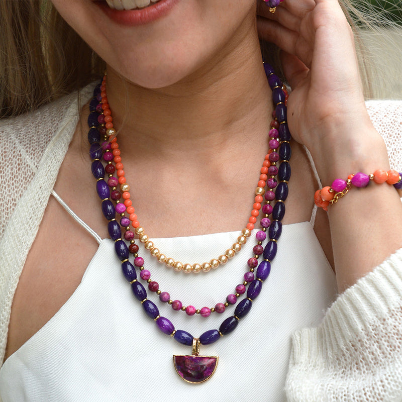 Bordeaux Purple Turquoise and Orange Jade Golden Pendant Necklace