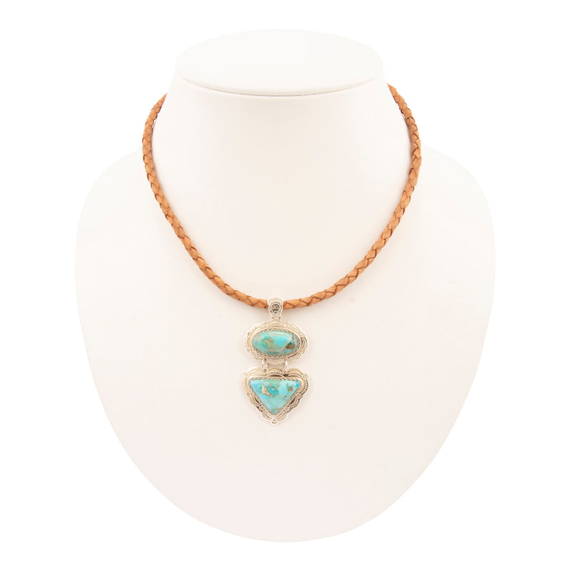 Bronco Blue Turquoise Sterling Silver Concho Pendant Leather Necklace