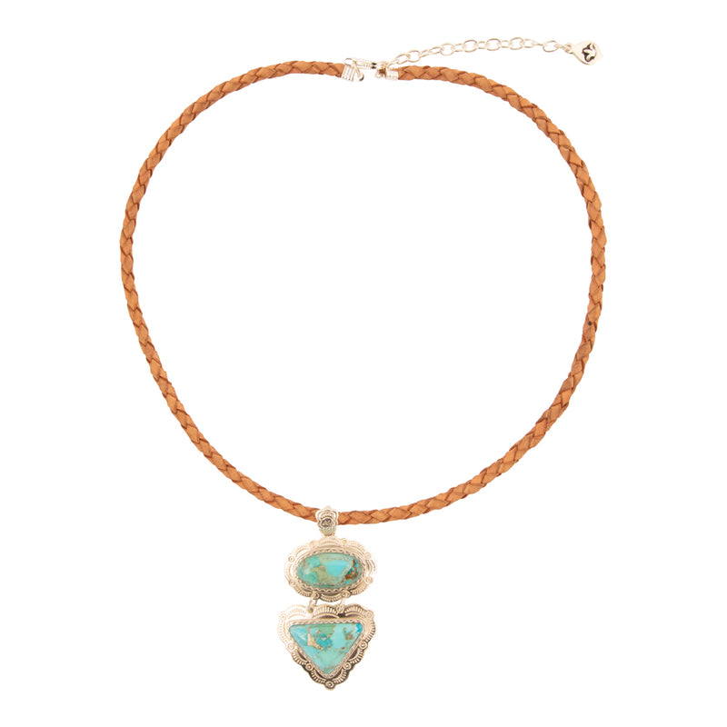 Bronco Blue Turquoise Sterling Silver Concho Pendant Leather Necklace