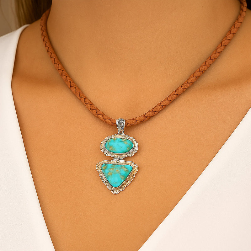 Bronco Blue Turquoise Sterling Silver Concho Pendant Leather Necklace