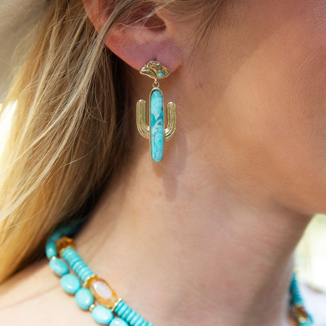 Saguaro Cactus Blue Turquoise Golden Post Drop Earrings