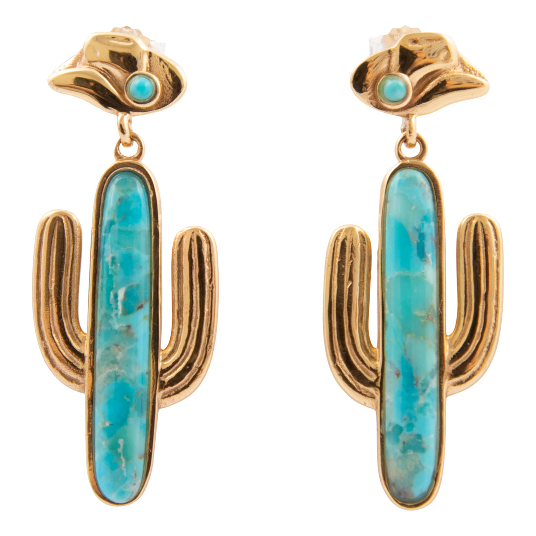 Cactus-shaped earrings with gold accents and turquoise stones on a white background
