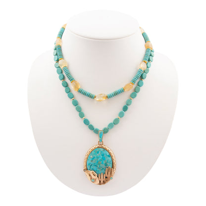 Saguaro Cactus Blue Turquoise Golden Statement Necklace