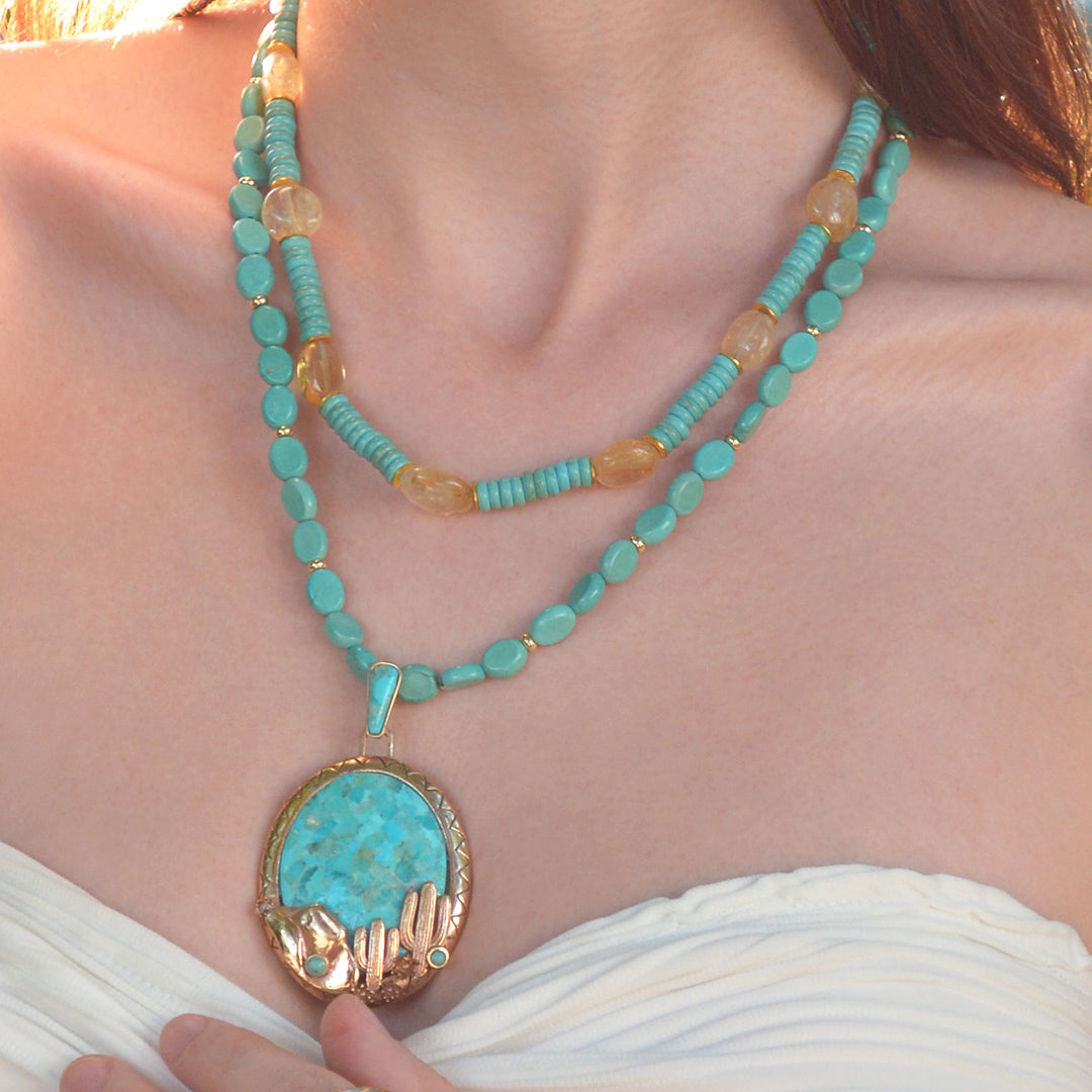 Saguaro Cactus Blue Turquoise Golden Statement Necklace